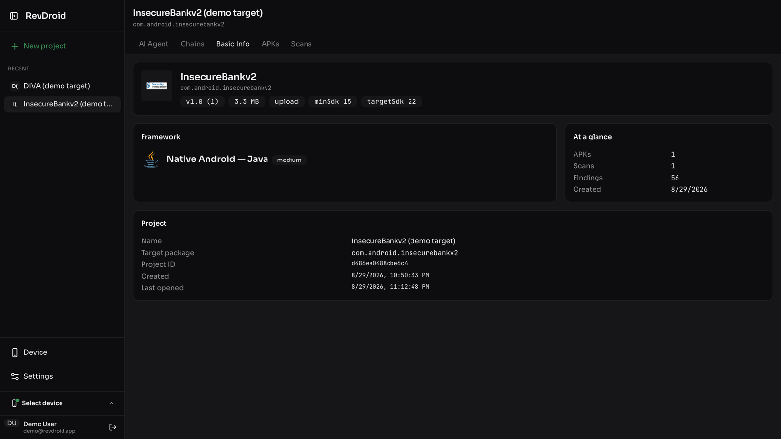 The project dashboard after pairing the agent and adding an APK